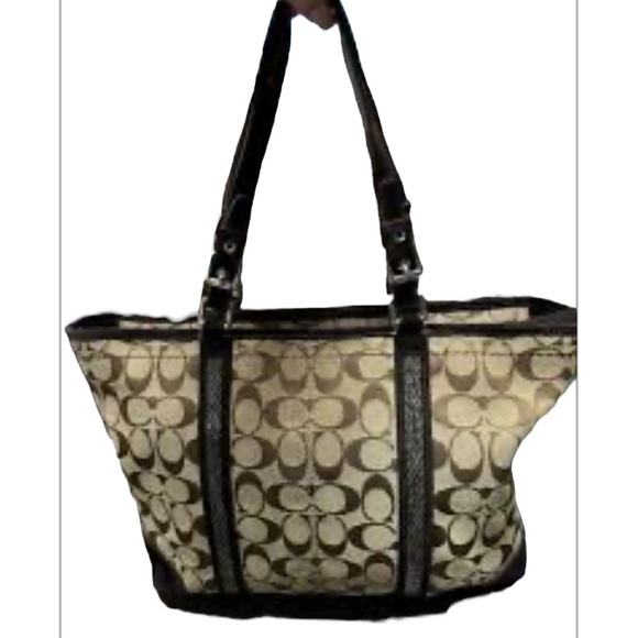 Coach Signature C Khaki Tote Jacquard Beaded Brown Suede Shoulder Bag #8K53 - Picture 1 of 16